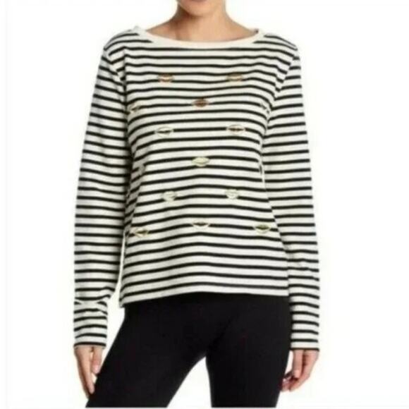 Betsy Johnson Black & White Striped Gold Lightning Bolt Long Sleeve Top - Size S - Picture 1 of 8